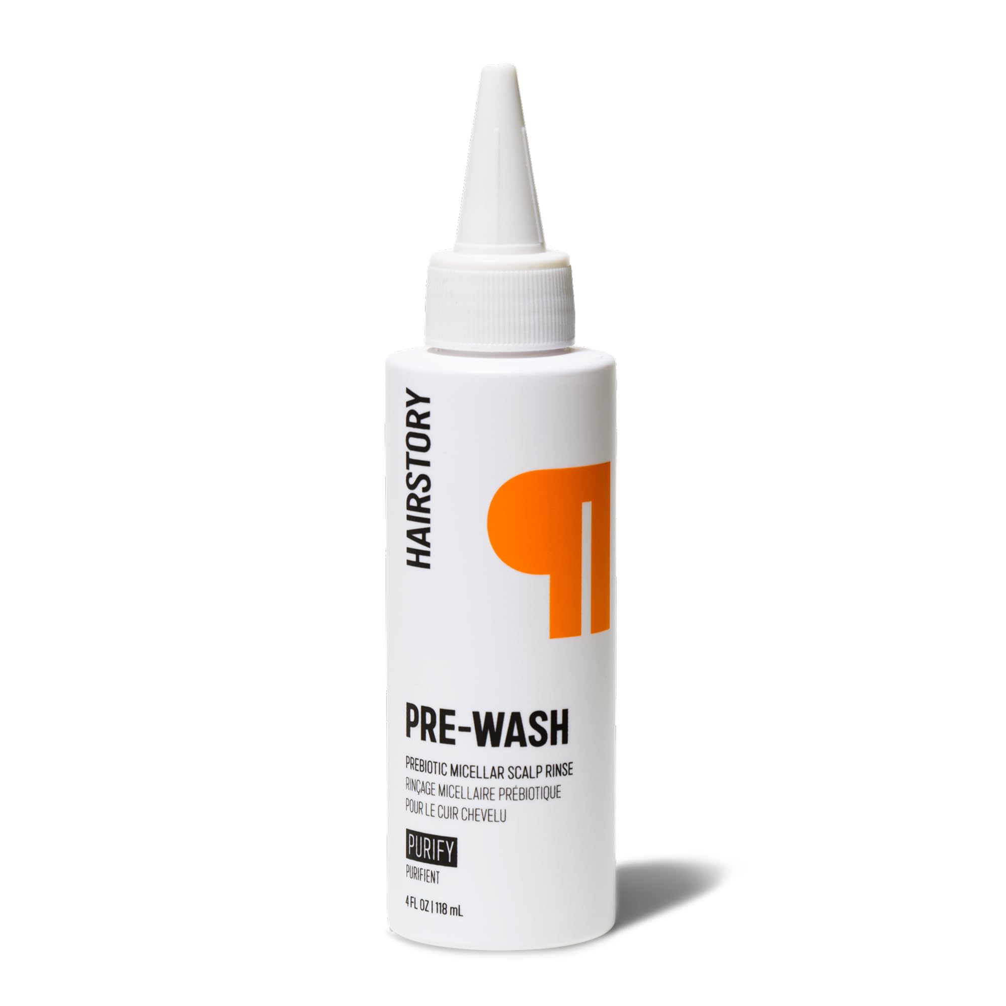 Hairstory Pre-Wash bottle close-up highlighting micellar cleansing for buildup removal.