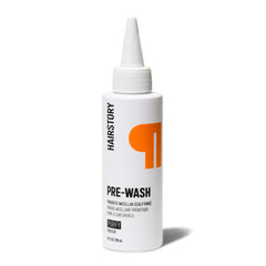 Hairstory Pre-Wash bottle close-up highlighting micellar cleansing for buildup removal.