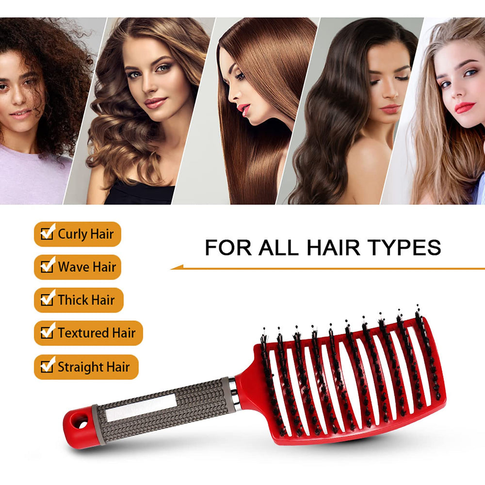 Hairstreaq curved head detangling brush promotes comfortable scalp contact.