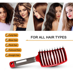 Hairstreaq curved head detangling brush promotes comfortable scalp contact.