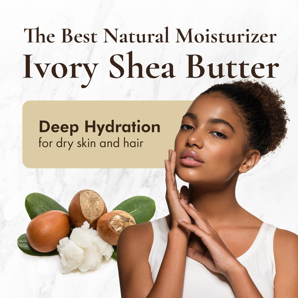 HalalEveryDay ivory shea butter scoop displaying creamy texture for application.