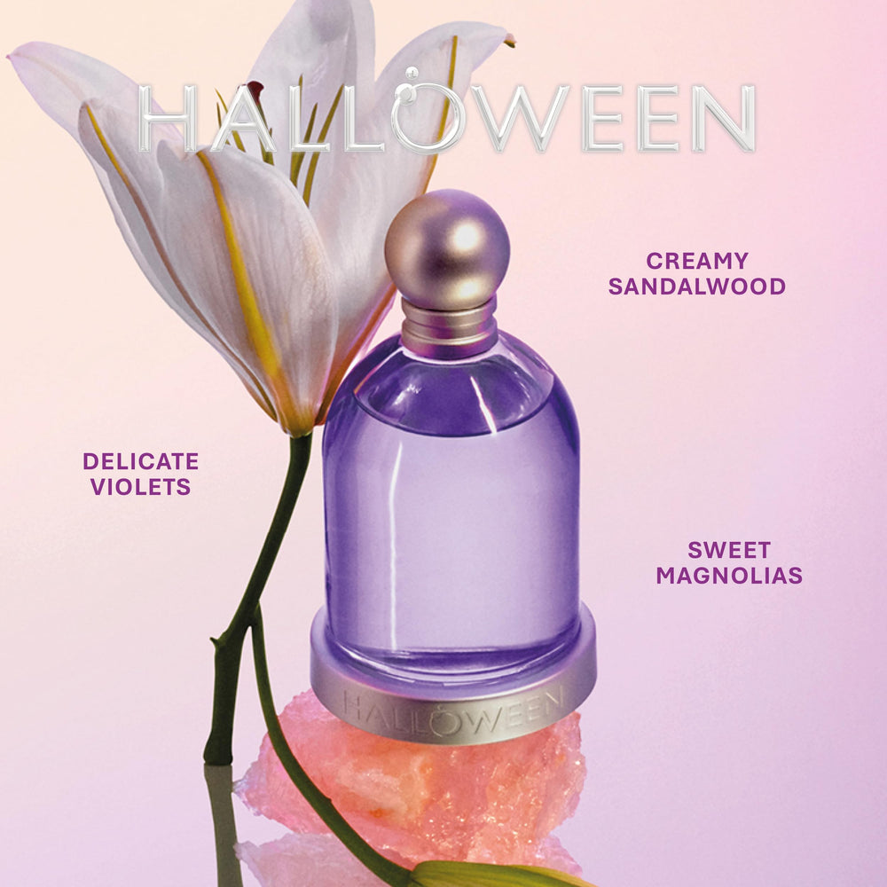 Halloween Eau de Toilette label closeup reveals violet and marine notes texture