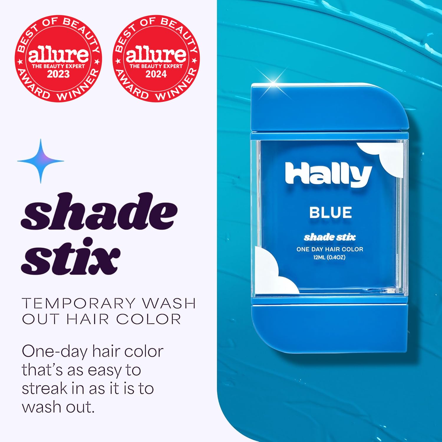 Hally Hair Shade Stix Blue on dark hair shows vibrant pop.