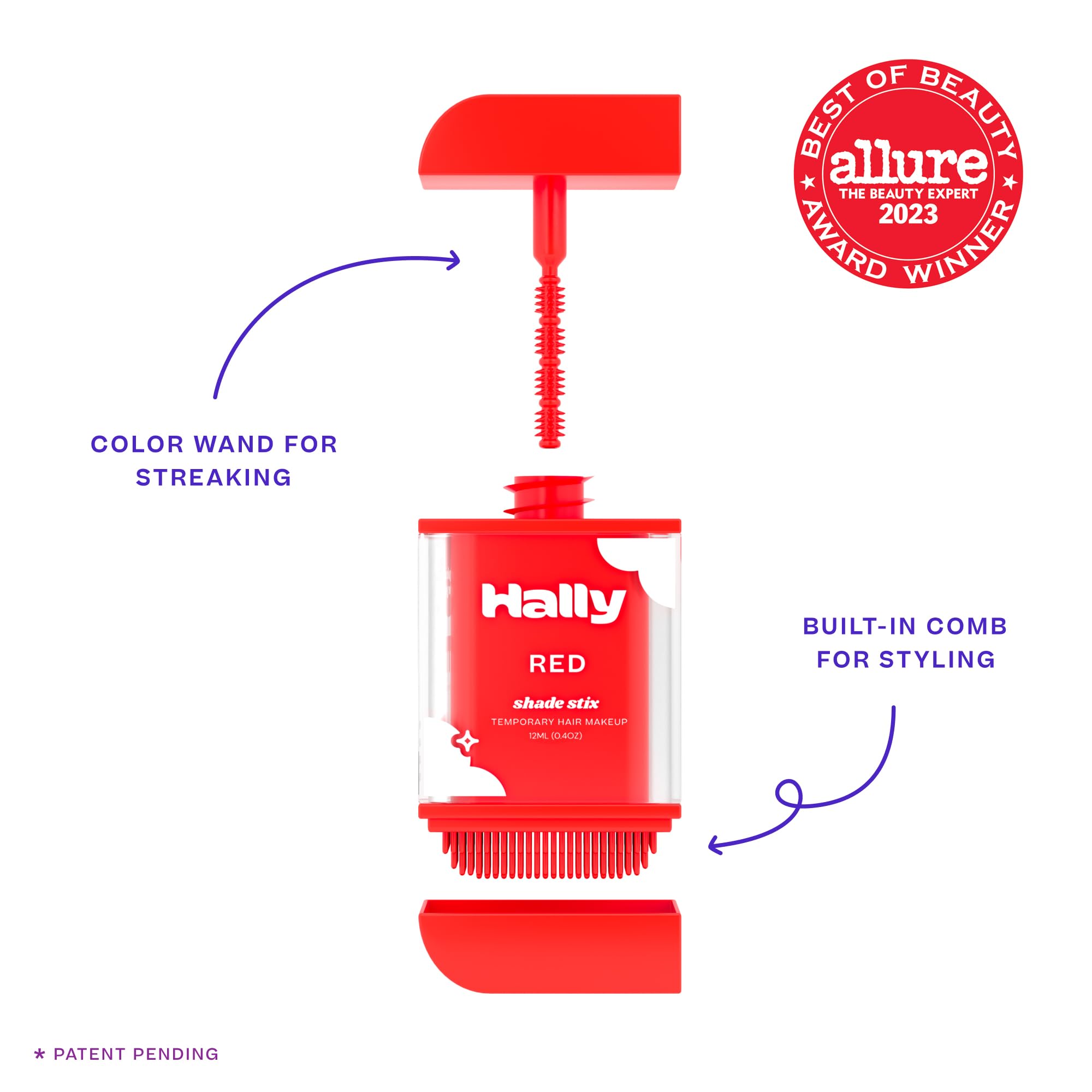 Hally Hair Shade Stix Red with built-in comb for even application.