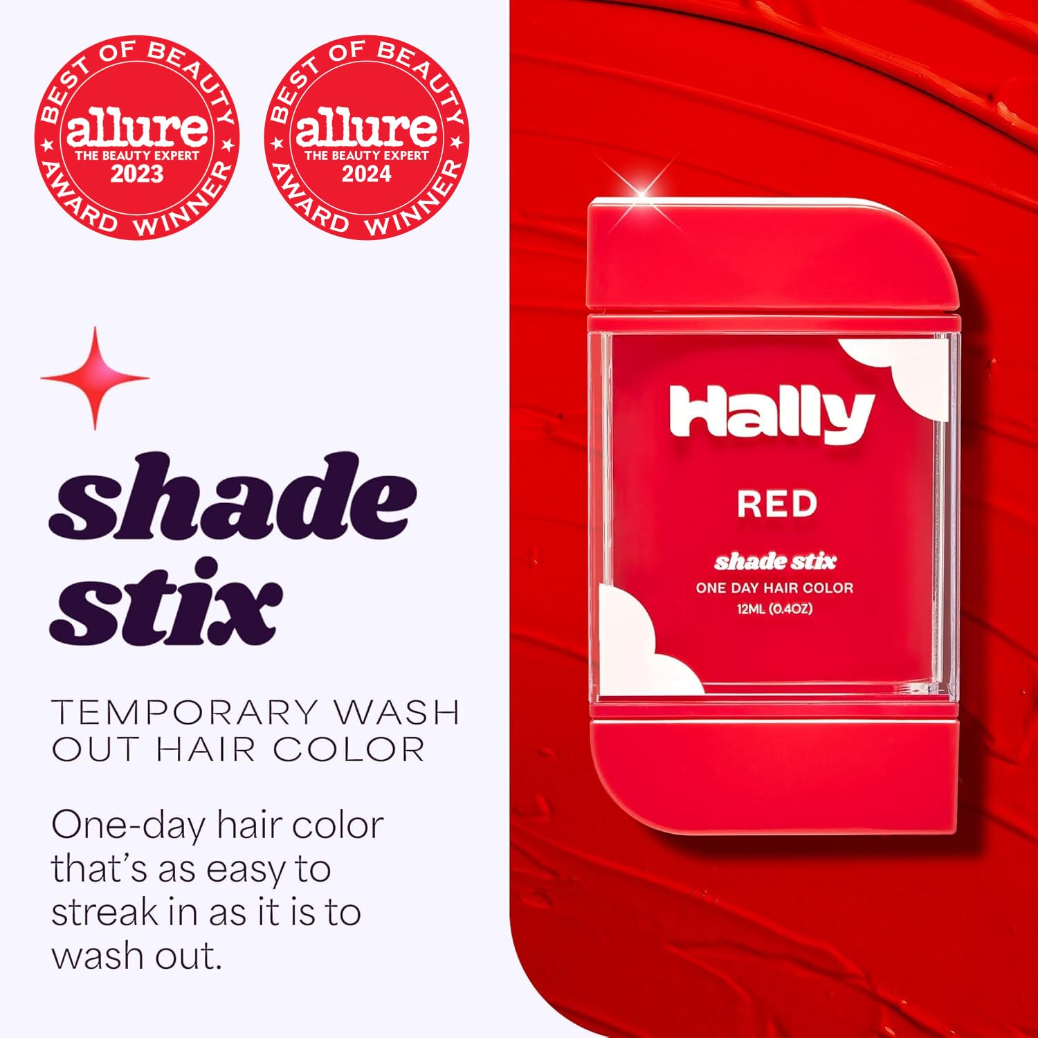 Hally Hair Shade Stix Red on dark hair shows bright, visible color.