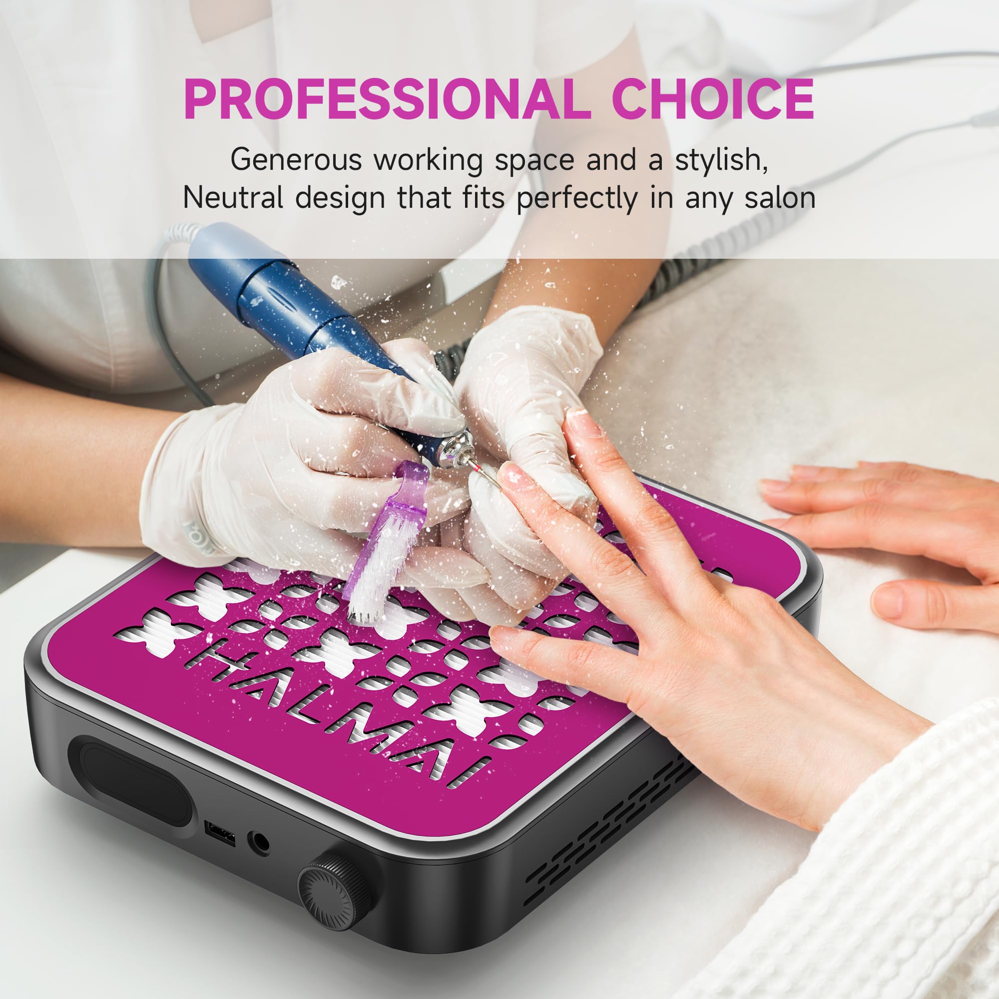 HALMAI Nail Dust Collector offers adjustable suction modes for different services.
