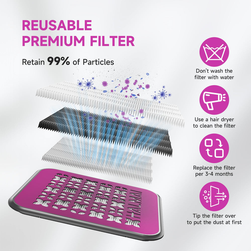HALMAI Nail Dust Collector uses a reusable HEPA filter for easy maintenance.