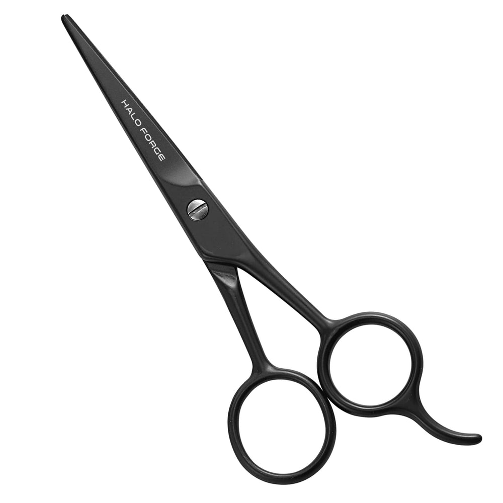 HALO FORGE mustache scissors blade close-up, showing precision and durable stainless steel.
