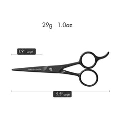 HALO FORGE mustache scissors ergonomic handle with bent finger rest for comfort.