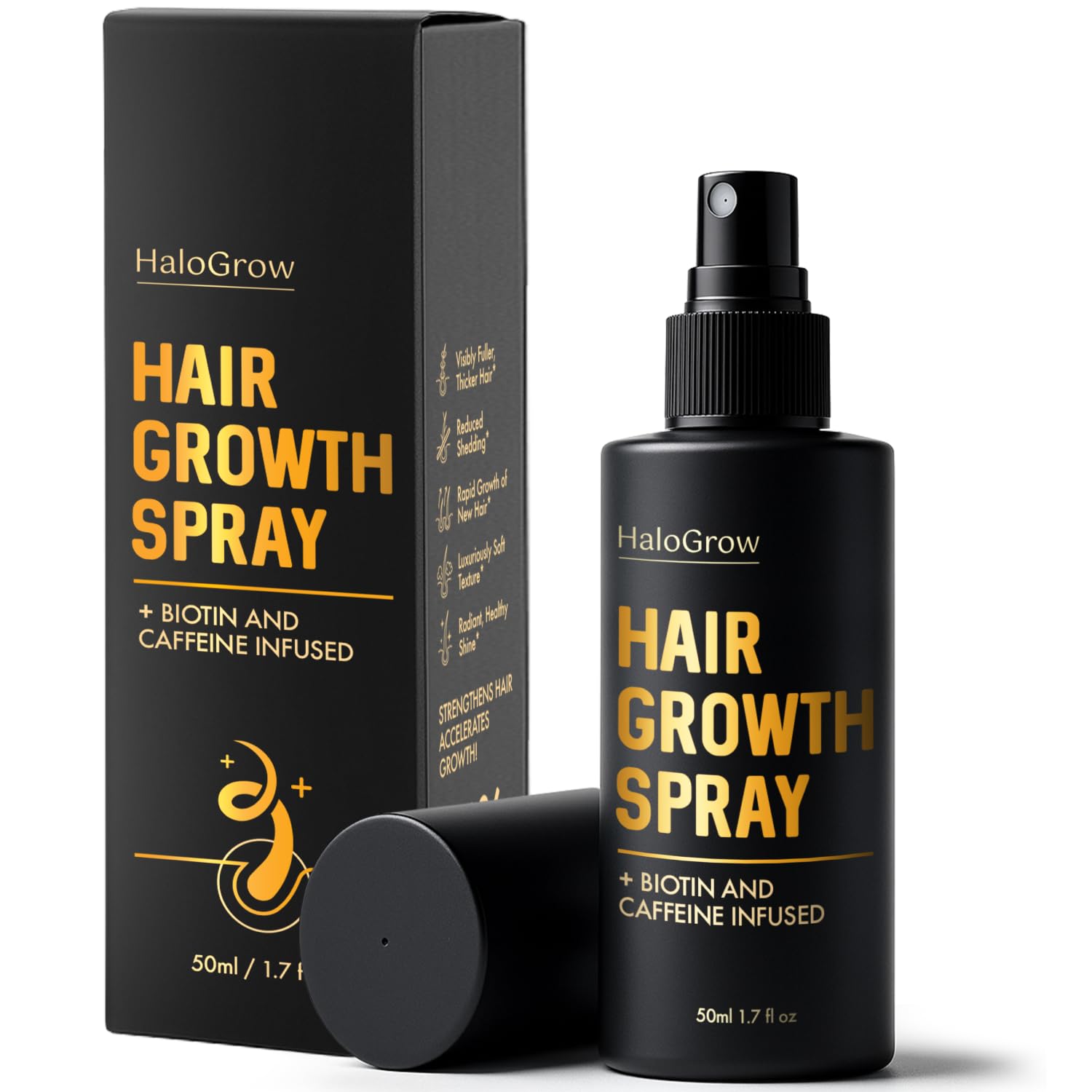 HALOGROW hair growth serum spray bottle visible on a clean surface for targeted scalp use.