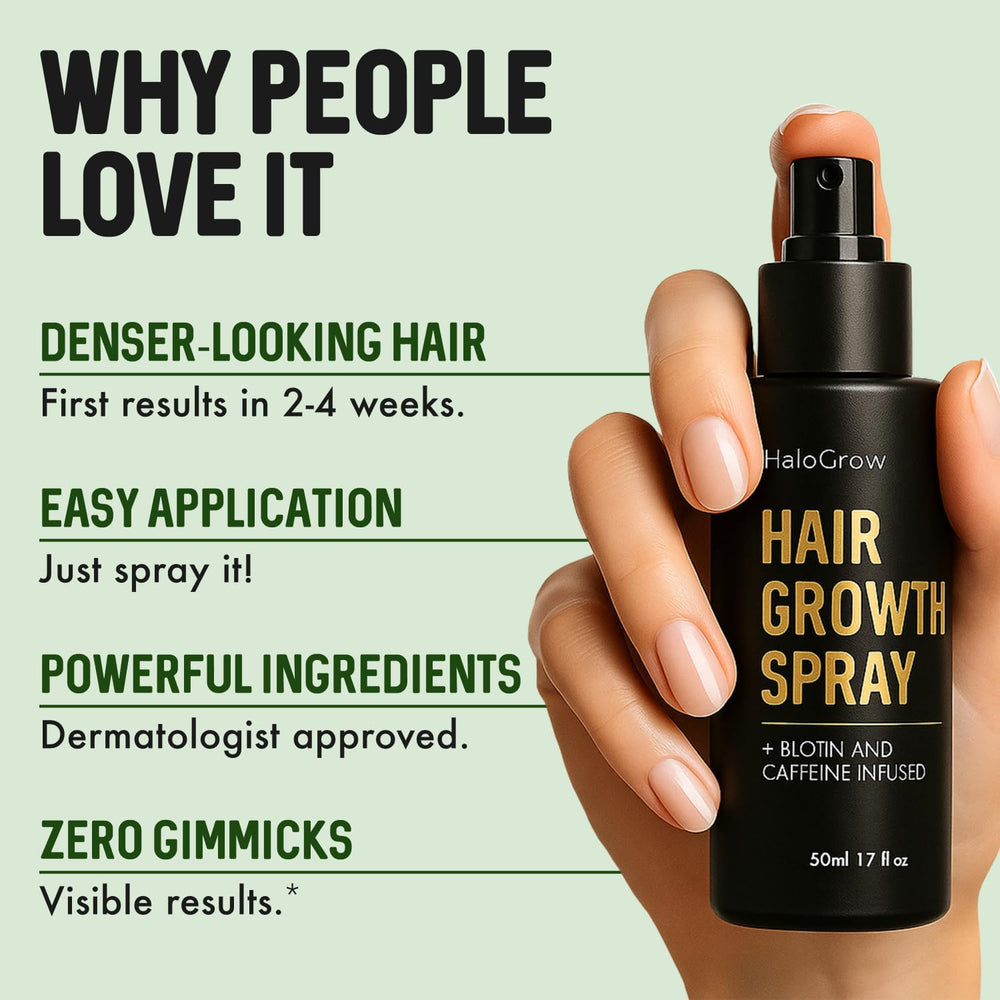 HALOGROW serum bottle close-up highlighting biotin and caffeine formula