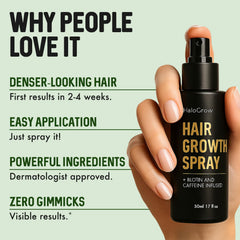HALOGROW serum bottle close-up highlighting biotin and caffeine formula