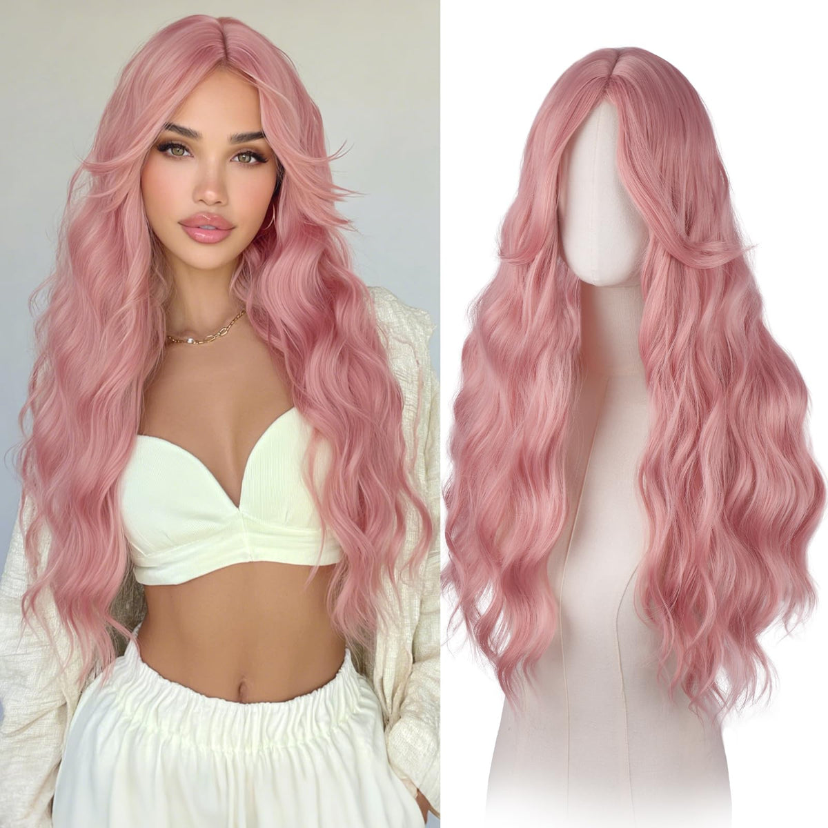Haloo pink wig with curtain bangs delivers long waves for a dramatic daily look.