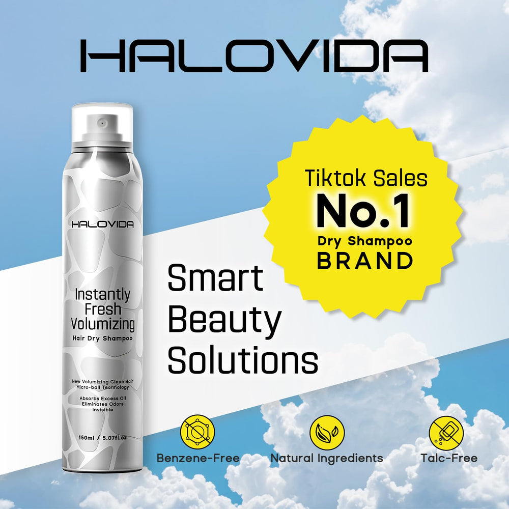 HALOVIDA dry shampoo bottle travels with you for lasting freshness.