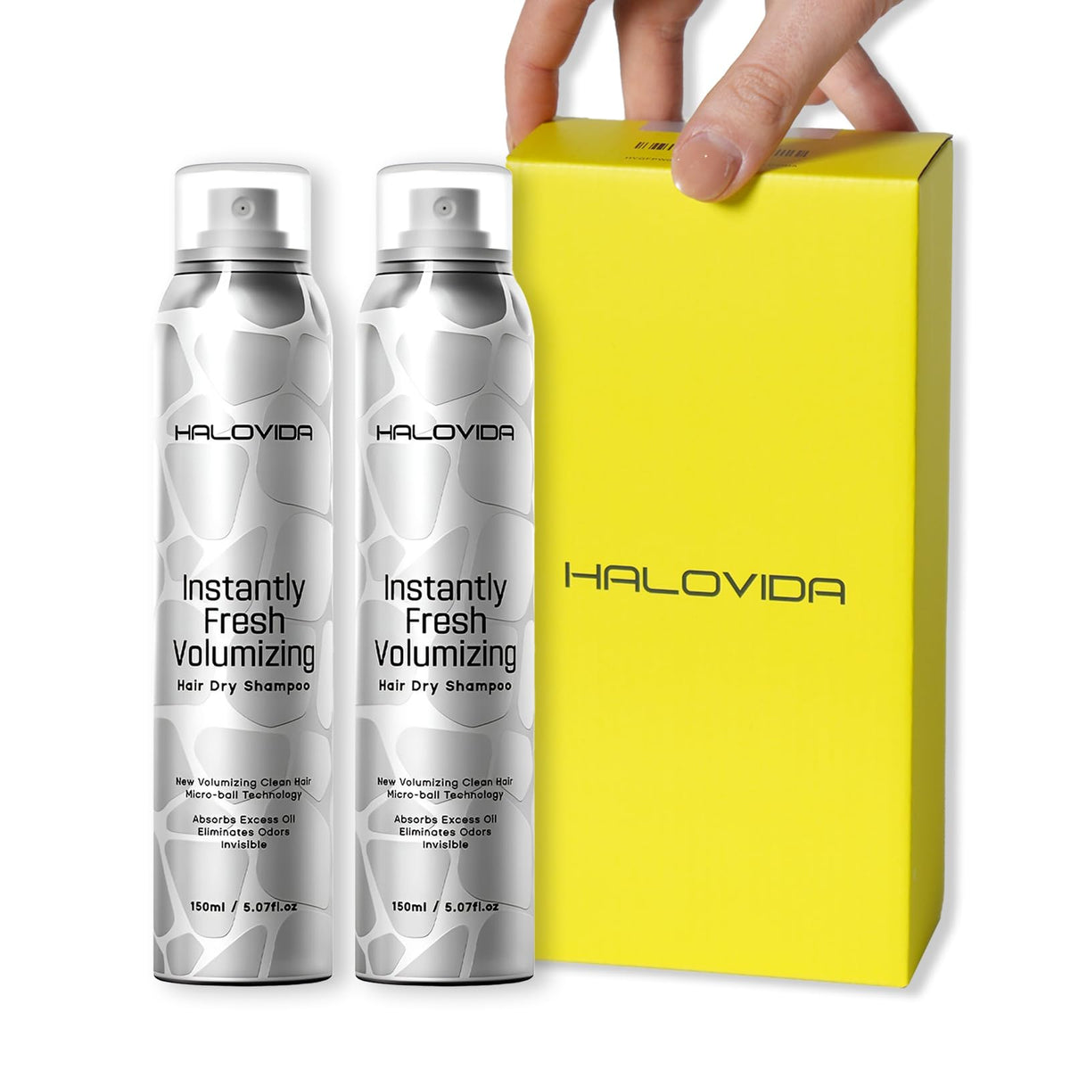 HALOVIDA dry shampoo for dark hair shows no white residue and absorbs oil at the roots.