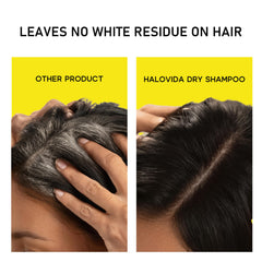 HALOVIDA application on dark hair demonstrates invisible powder blend.