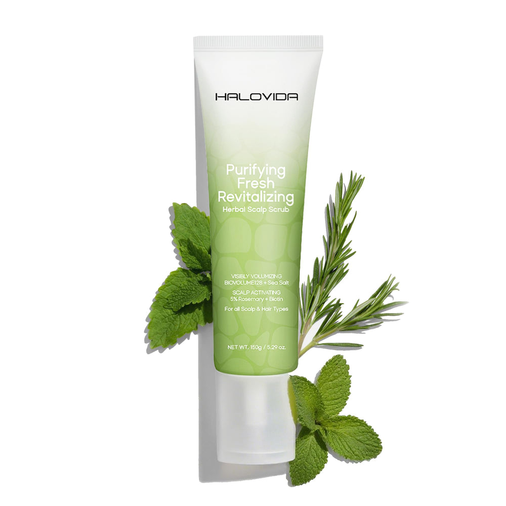 HALOVIDA sea salt rosemary mint scrub bottle showing refreshing cleanse