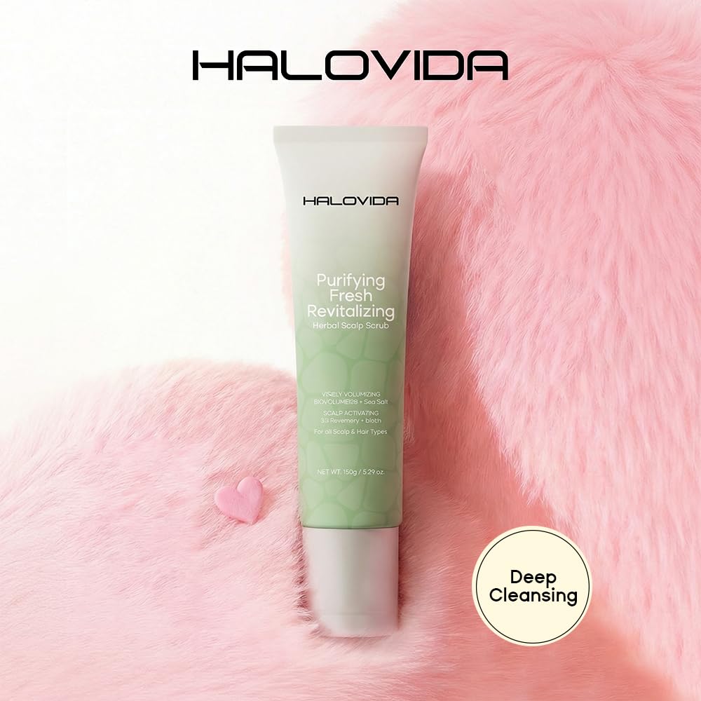 HALOVIDA walnut shell particles close-up for gentle scalp exfoliation