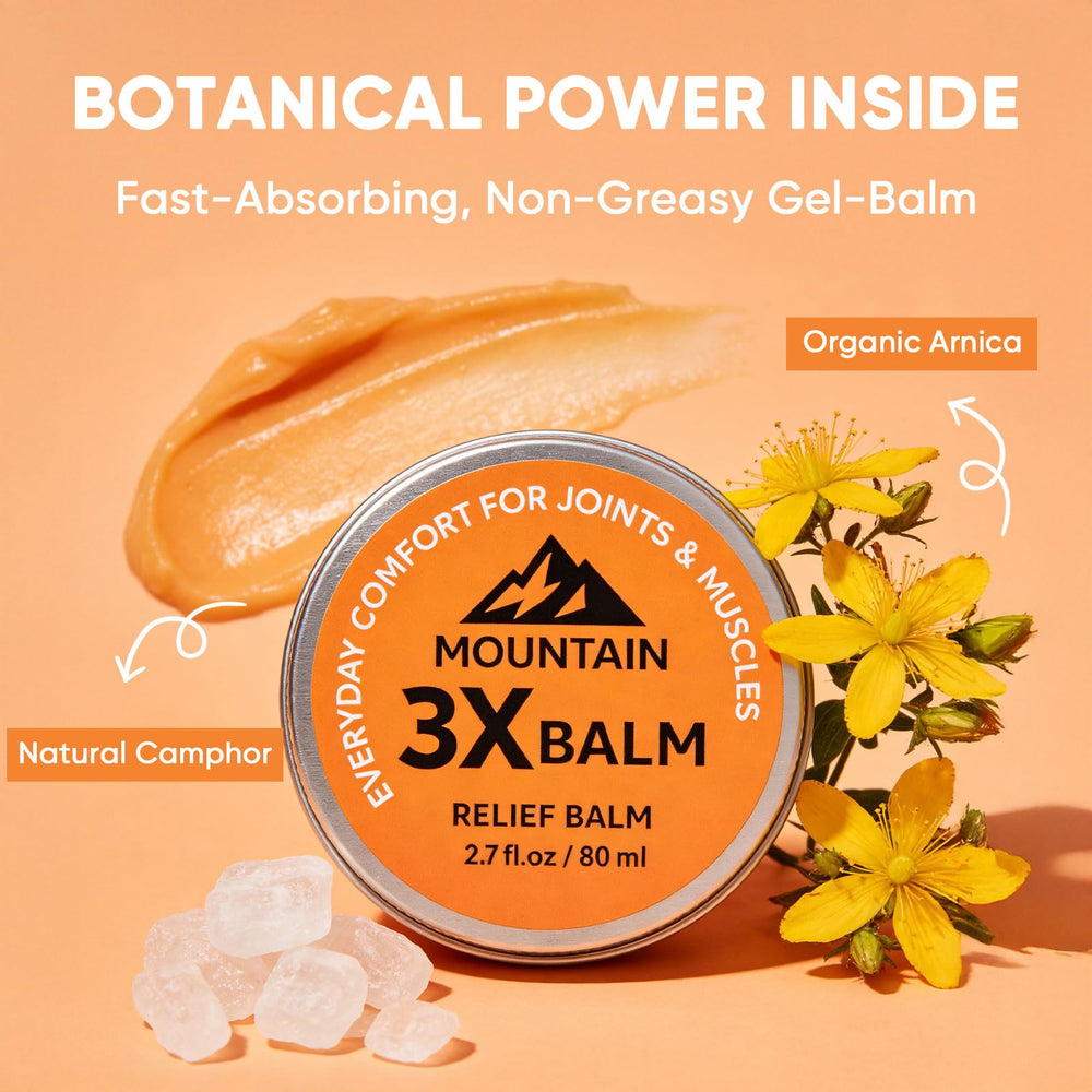 Halpilt Mountain 3X Relief Balm applied to knee for soothing post-exercise relief.
