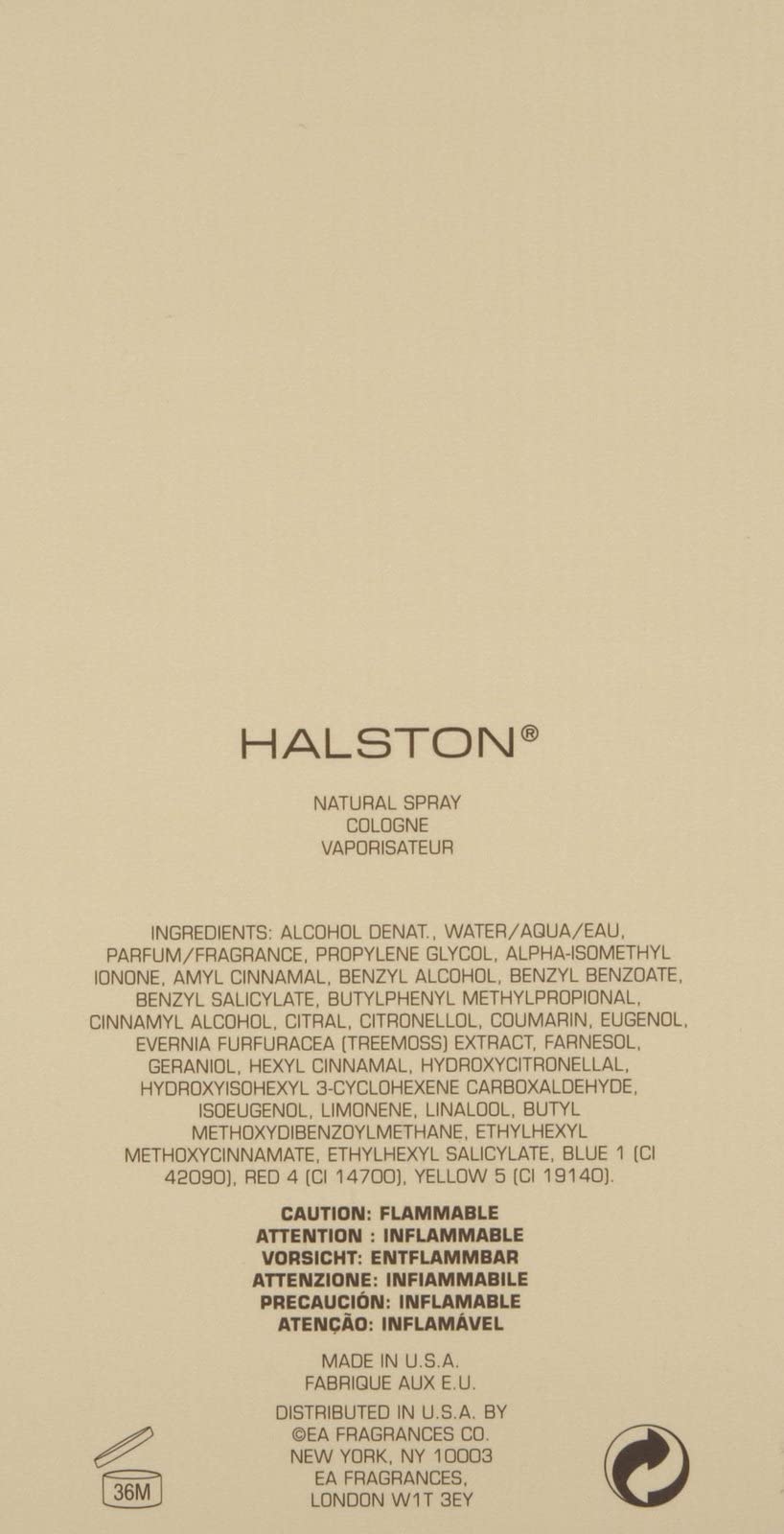 HALSTON Women’s Cologne label close-up, 3.4 oz compact bottle.