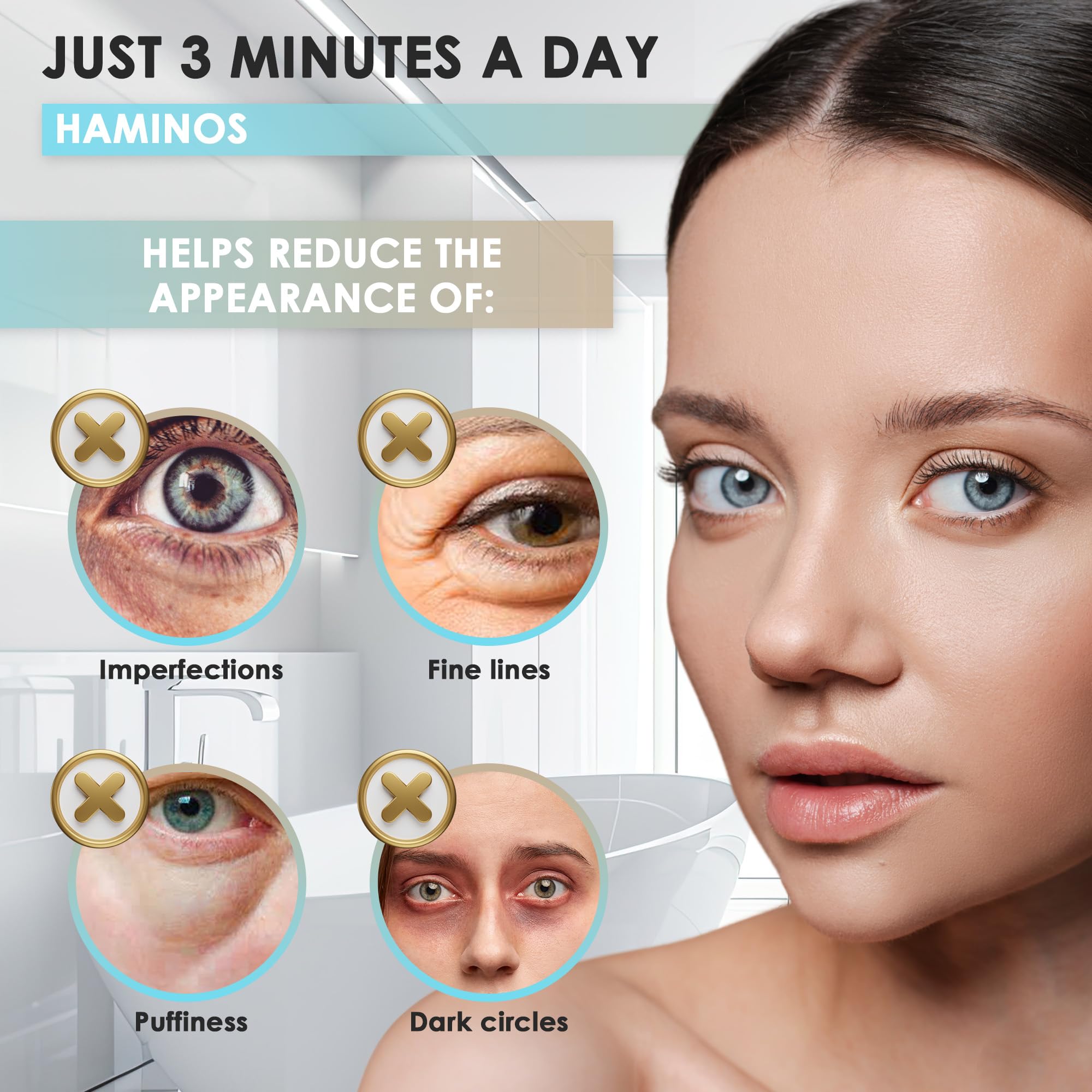 HAMINOS Eye Massager Wand features red and blue LED lights for targeted skincare lighting.