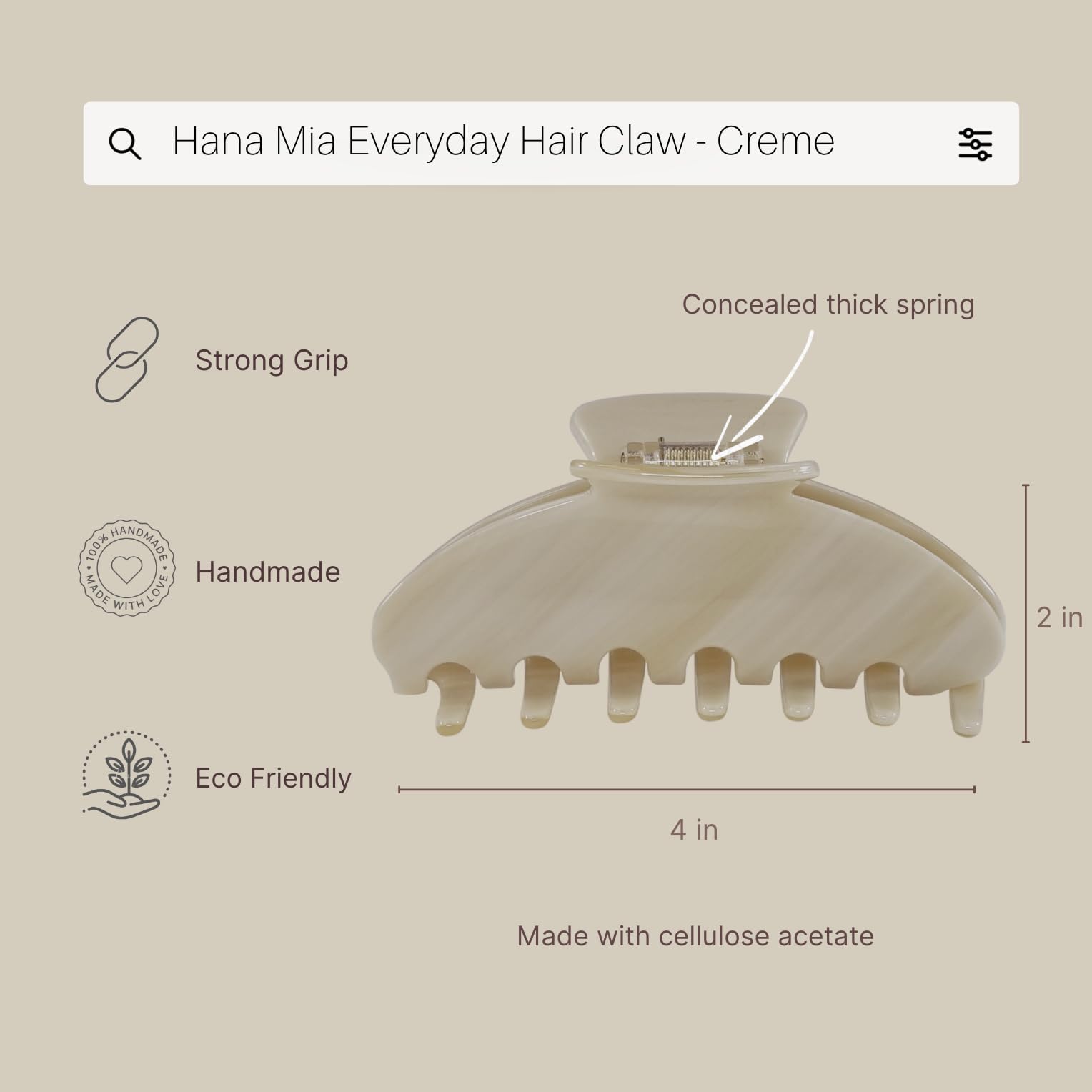 Hana Mia large four inch clip keeps hair neatly in place.