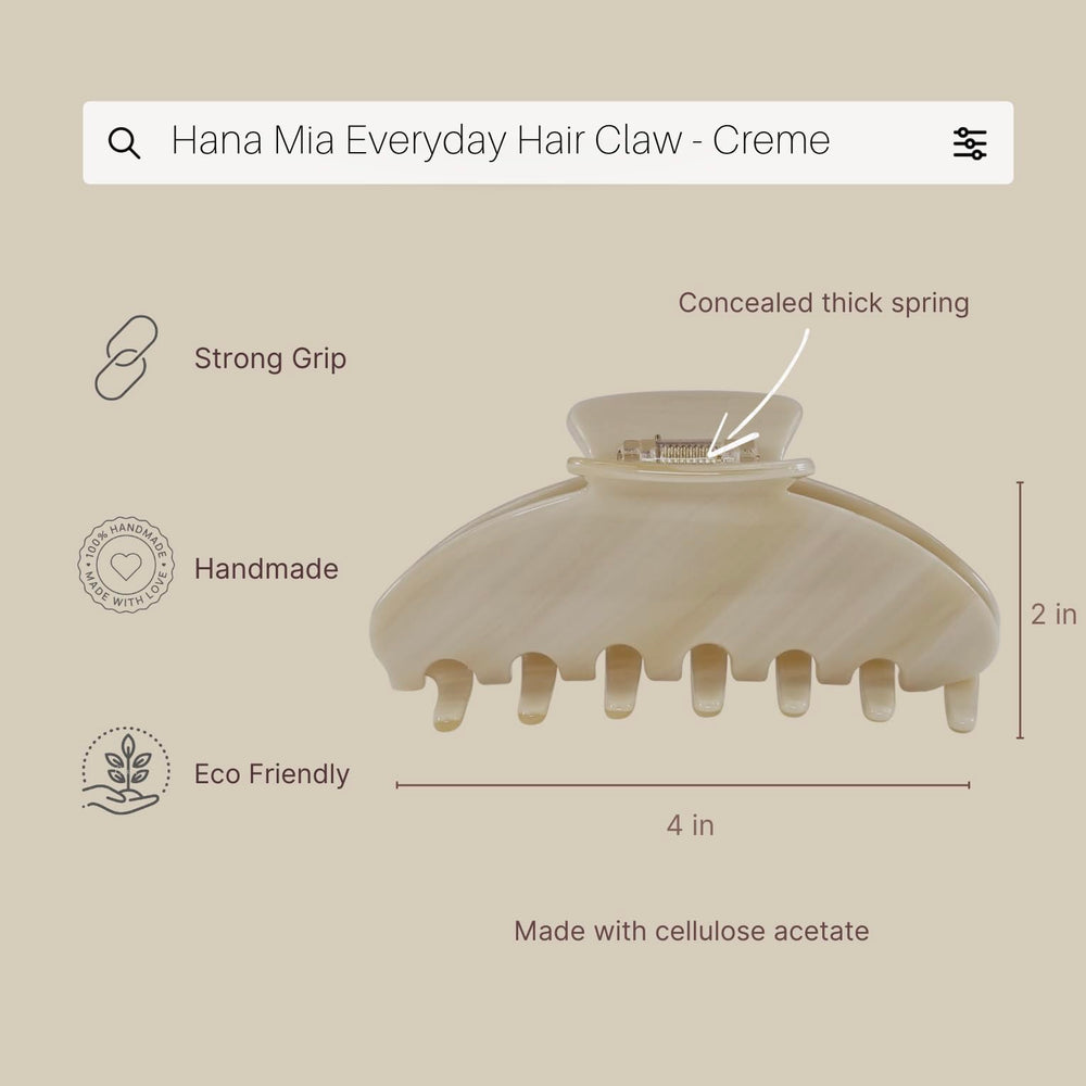 Hana Mia large four inch clip keeps hair neatly in place.