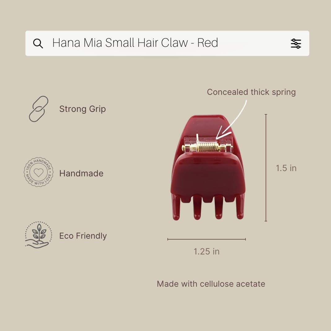 Pinza Hana Mia rojo acetato con brillo suave, ideal para recoger mechones sin tirones.
