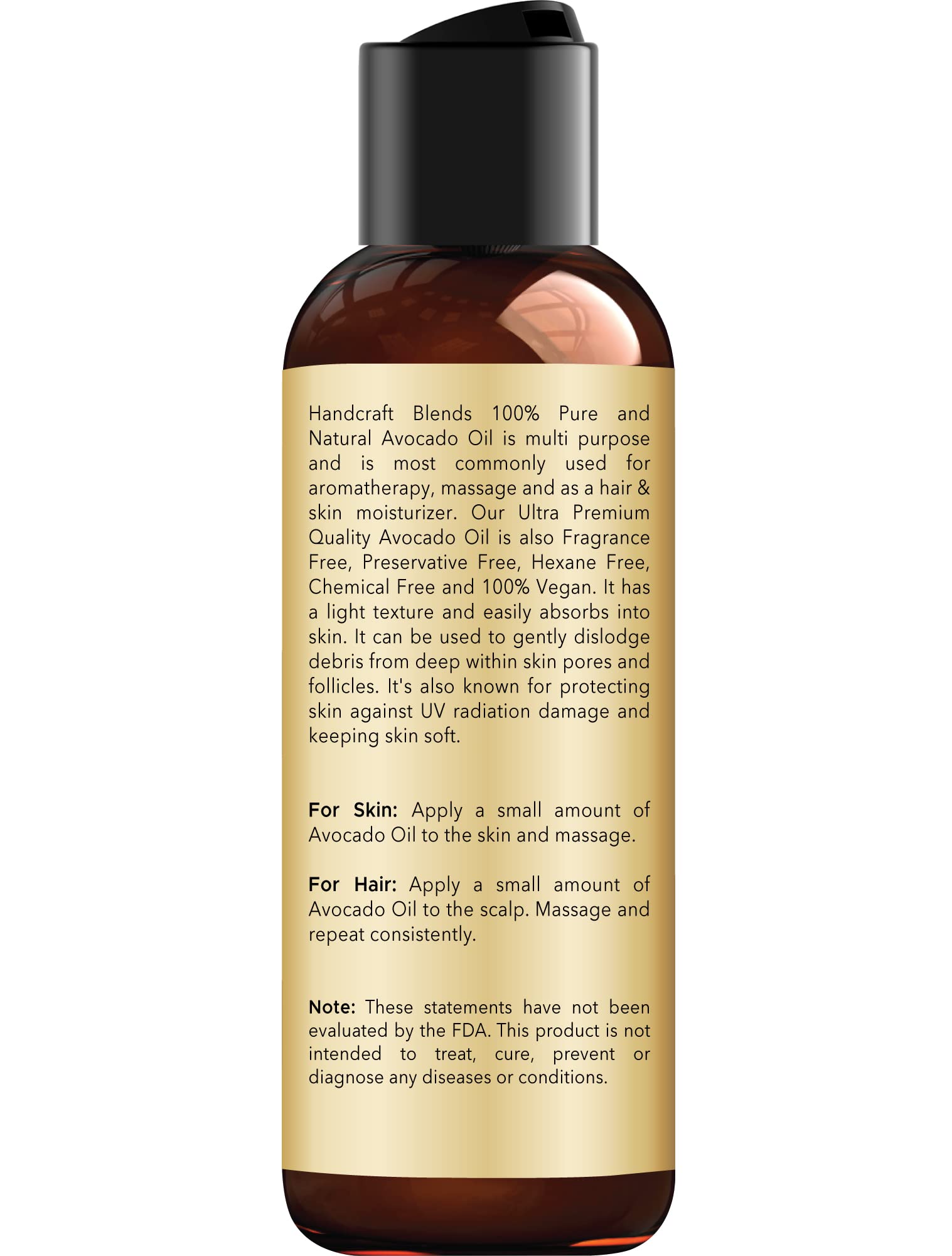 Handcraft Blends Avocado Oil label close-up highlighting purity.