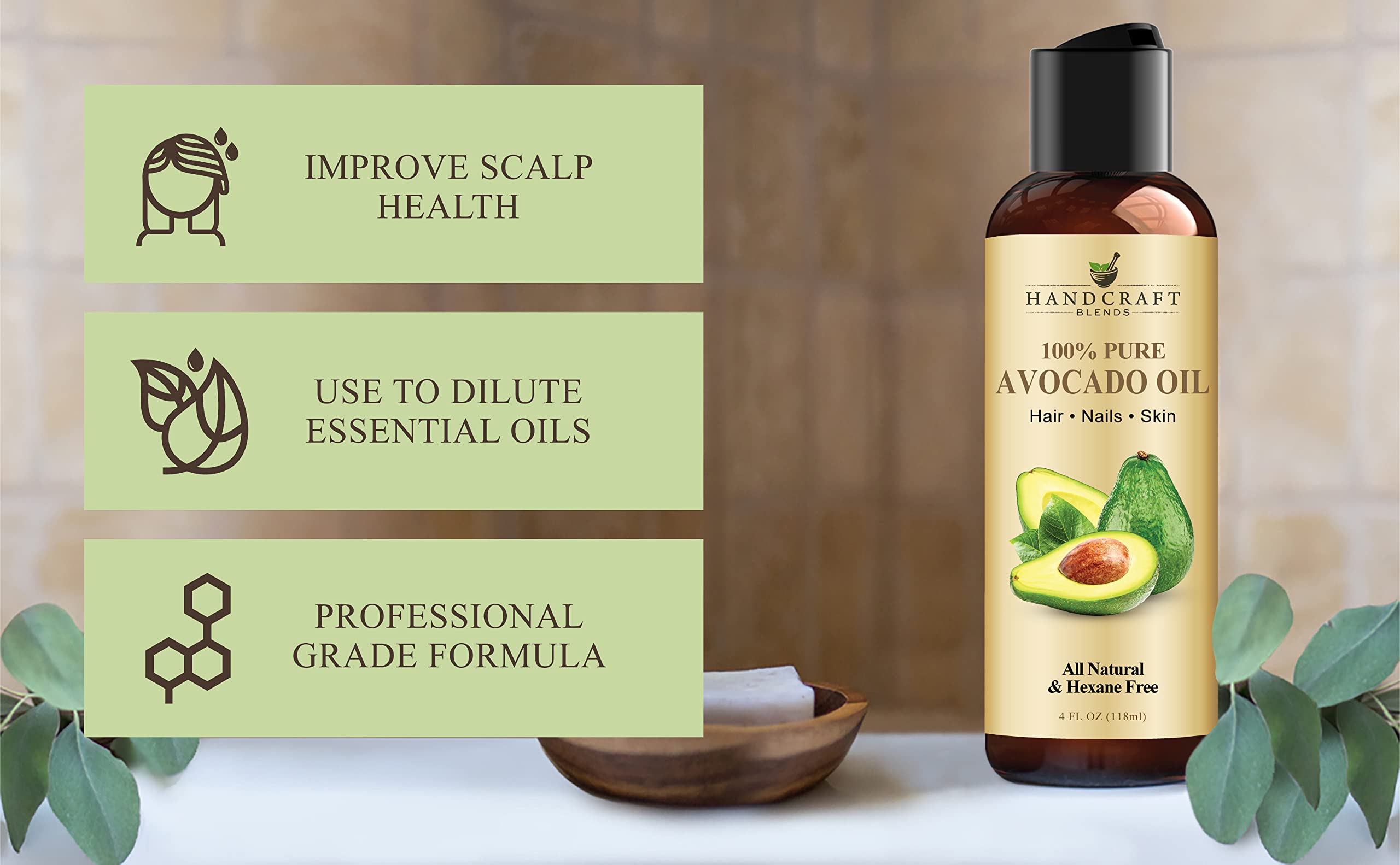 Handcraft Blends Avocado Oil applied to hair for shine and manageability.