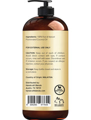 Label view of Handcraft Blends fractionated coconut oil highlighting purity and vegan status.