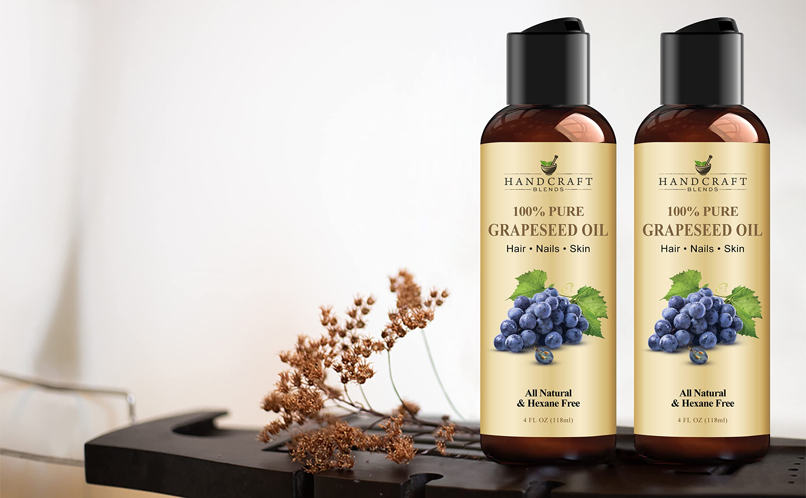 Handcraft Blends Grapeseed Oil packaging highlighting pure, hexane-free formula.