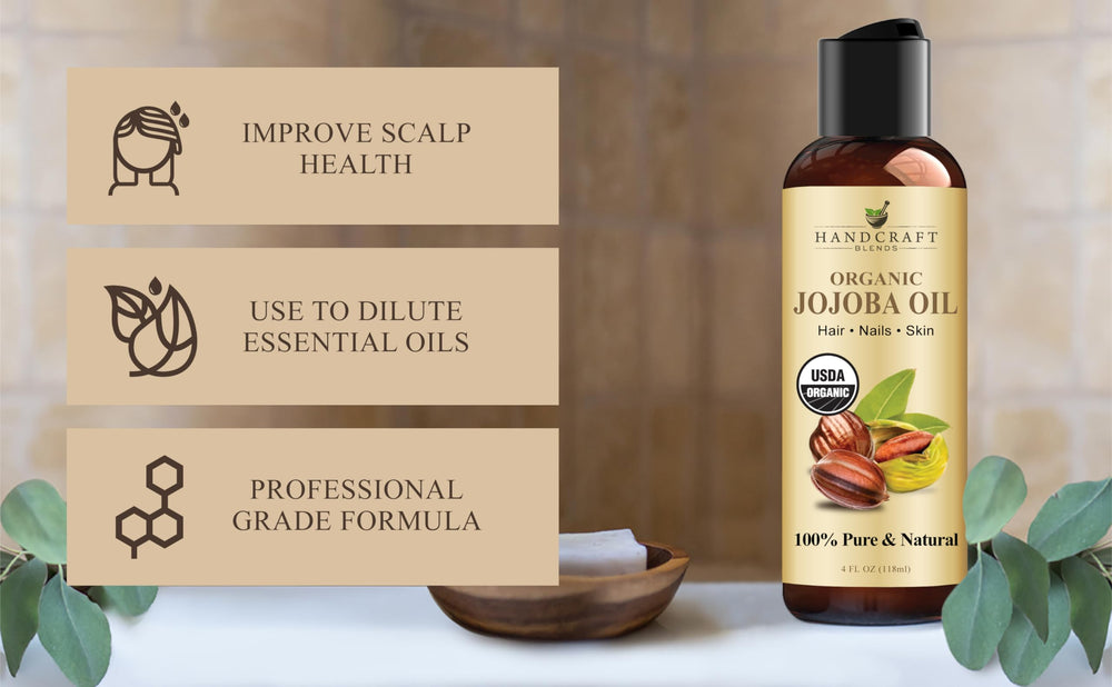 Handcraft Blends jojoba oil on hair strands for shine and softness