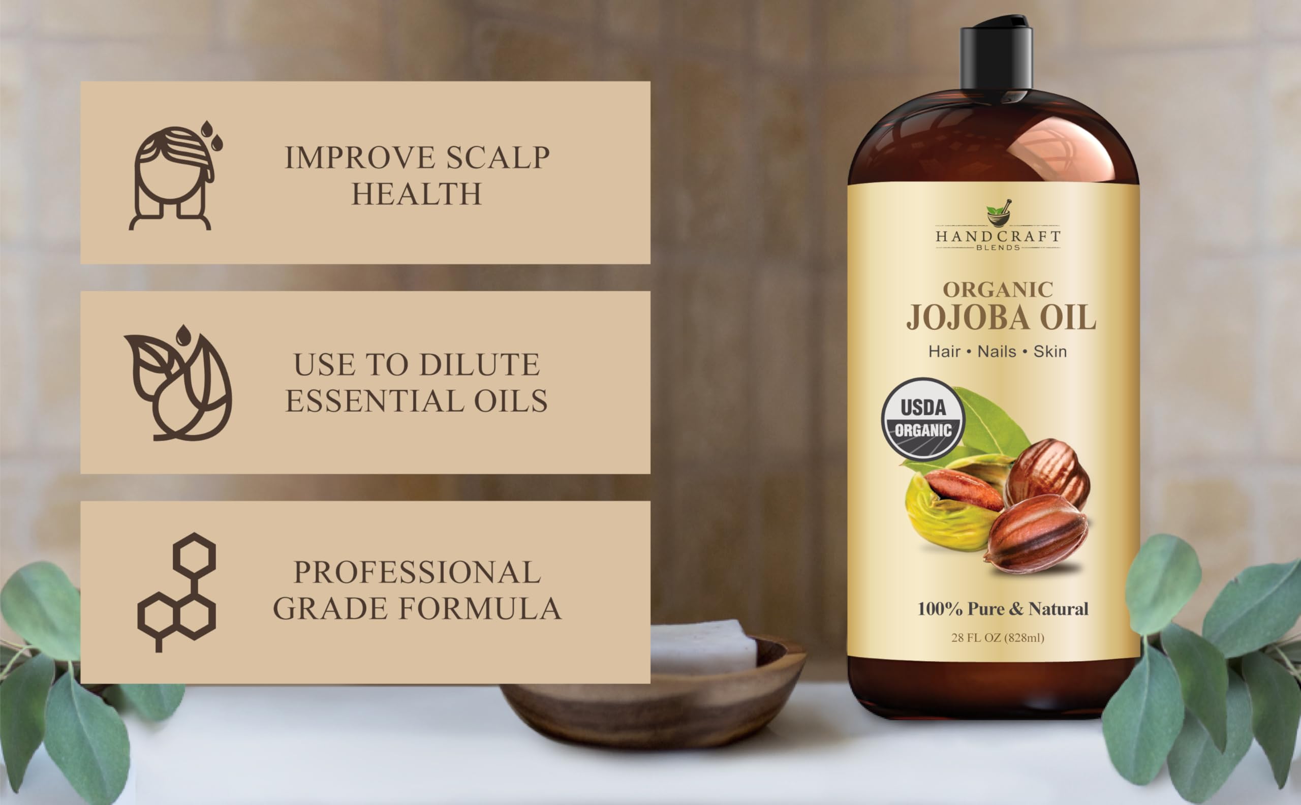 Handcraft Blends Jojoba Oil ingredient chart highlights vegan hexane-free carrier oil.