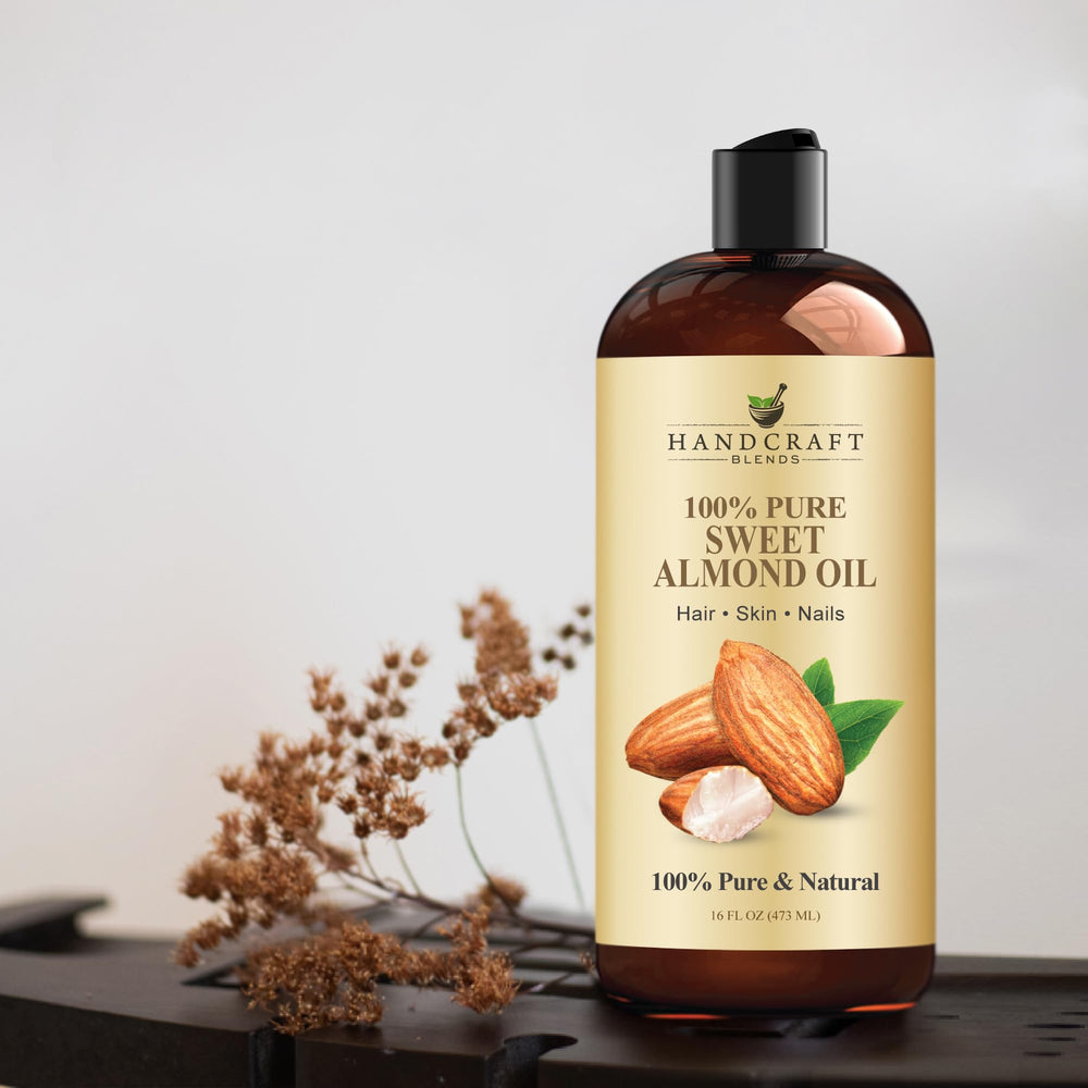 Handcraft Blends Sweet Almond Oil packaging shown with spa backdrop