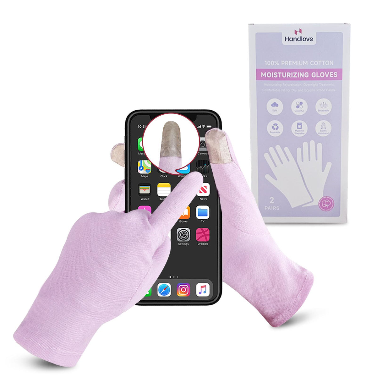 HandLove guantes de algodón 100% en empaque, protección suave para la piel sensible.