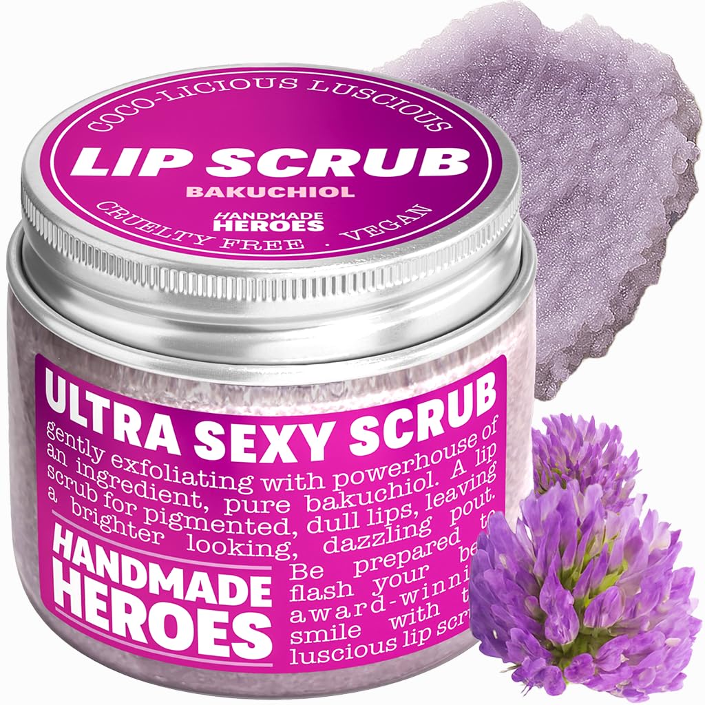 Handmade Heroes Bakuchiol exfoliante de labios en frasco, exfolia suavemente y suaviza labios.