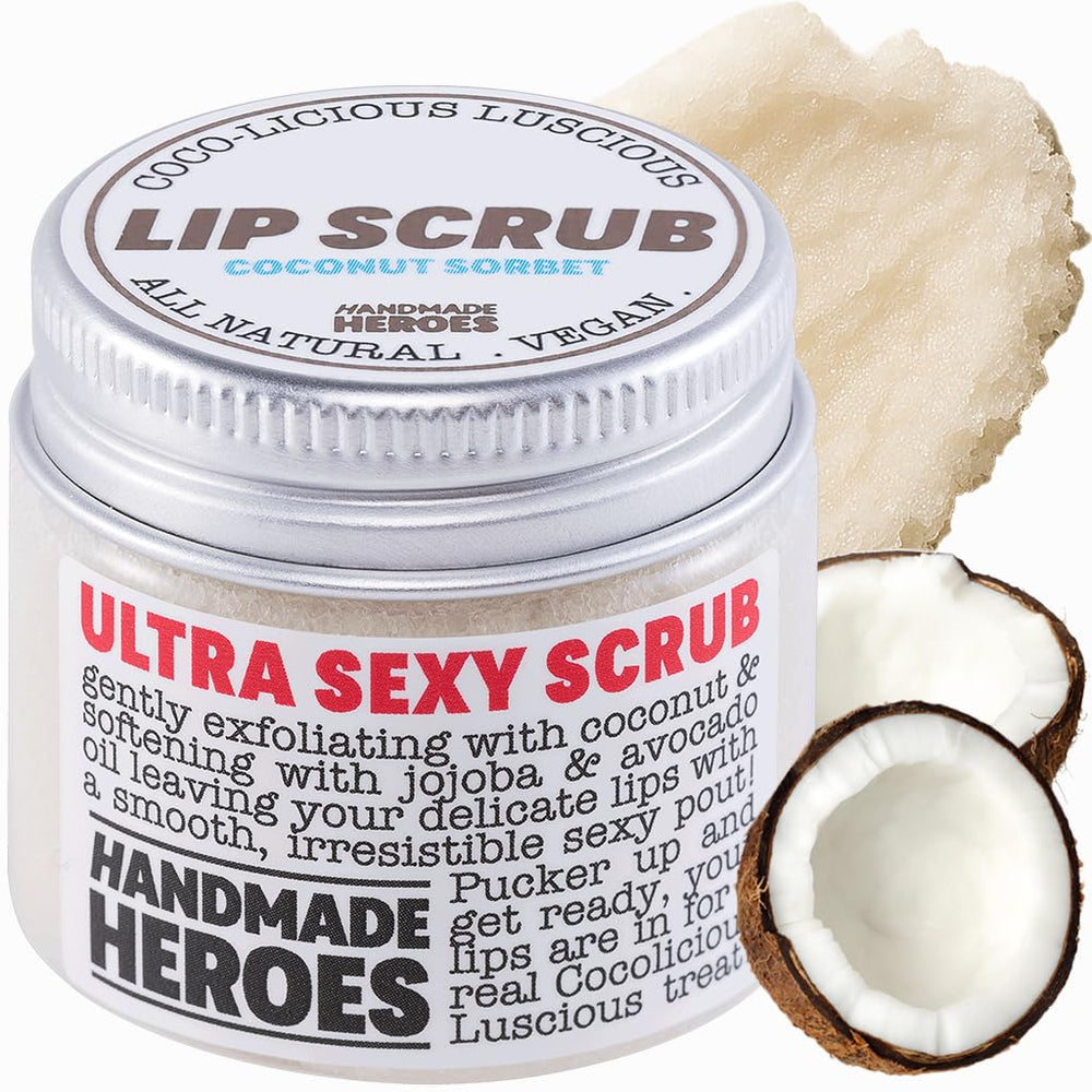 Handmade Heroes Coconut Sorbet lip scrub jar shows creamy texture for smooth lips.