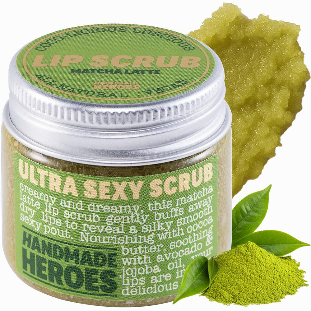 Handmade Heroes Matcha Latte Lip Scrub tube showing dry lips exfoliation