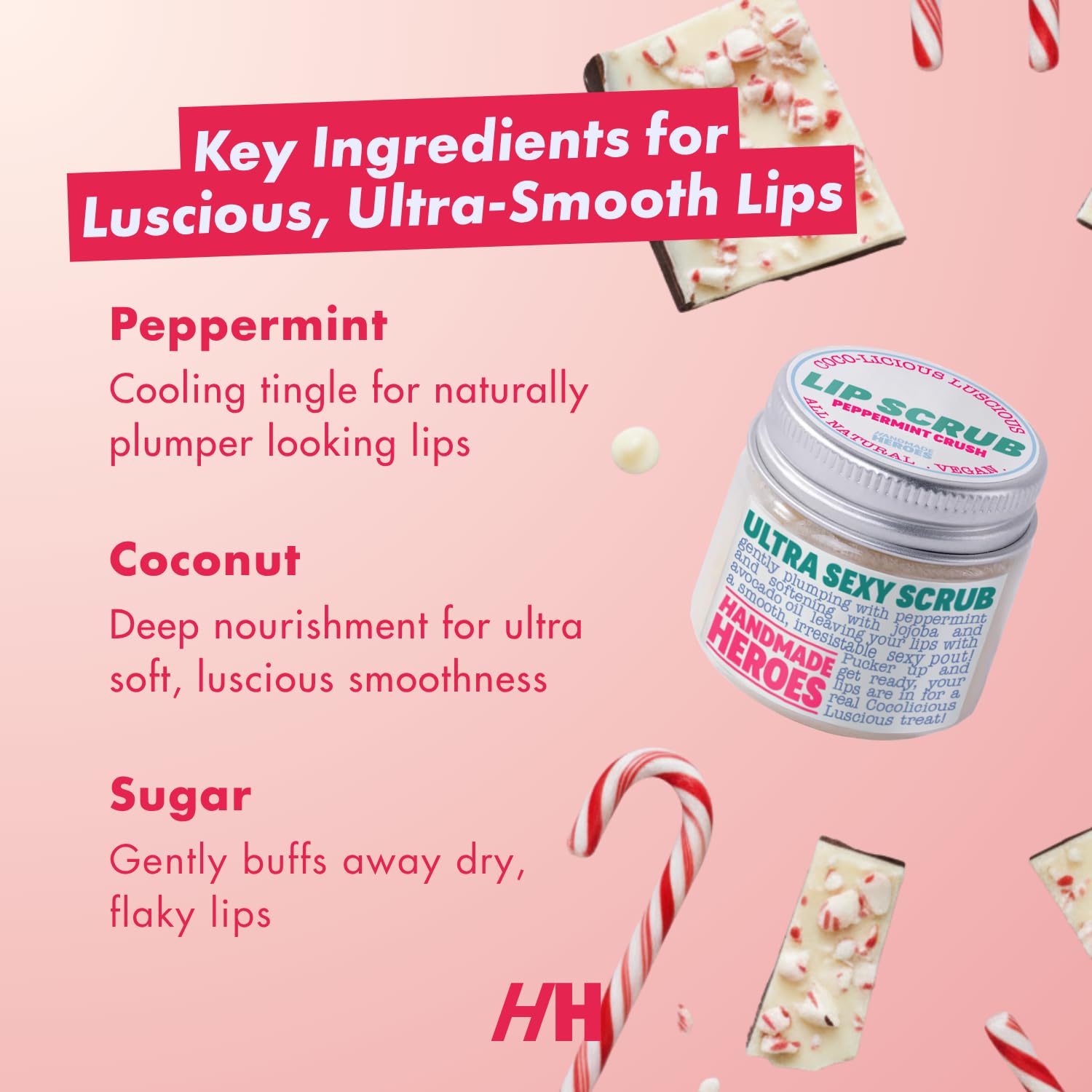Handmade Heroes Exfoliante labial de menta, aplicación suave para labios