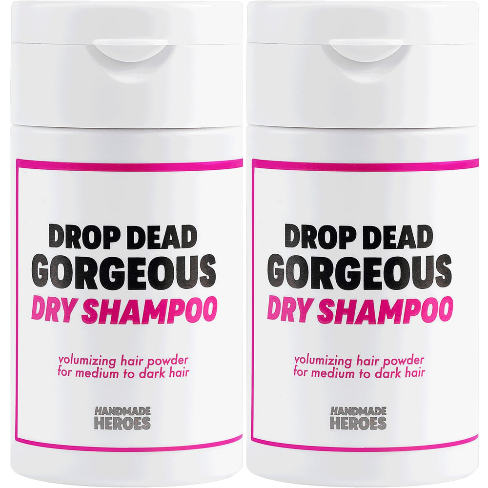 Handmade Heroes non-aerosol dry shampoo powder bottle delivering instant volume.