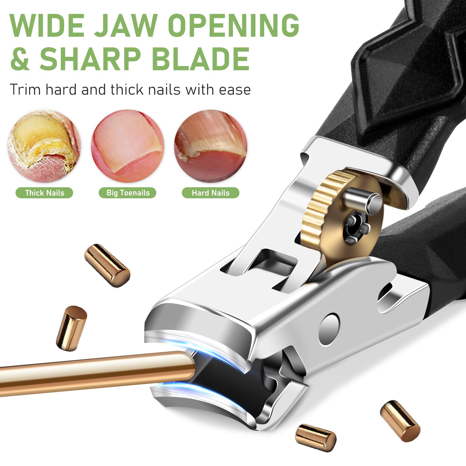 HANDWENG Slanted curved blade for precise trimming along natural nail shape.