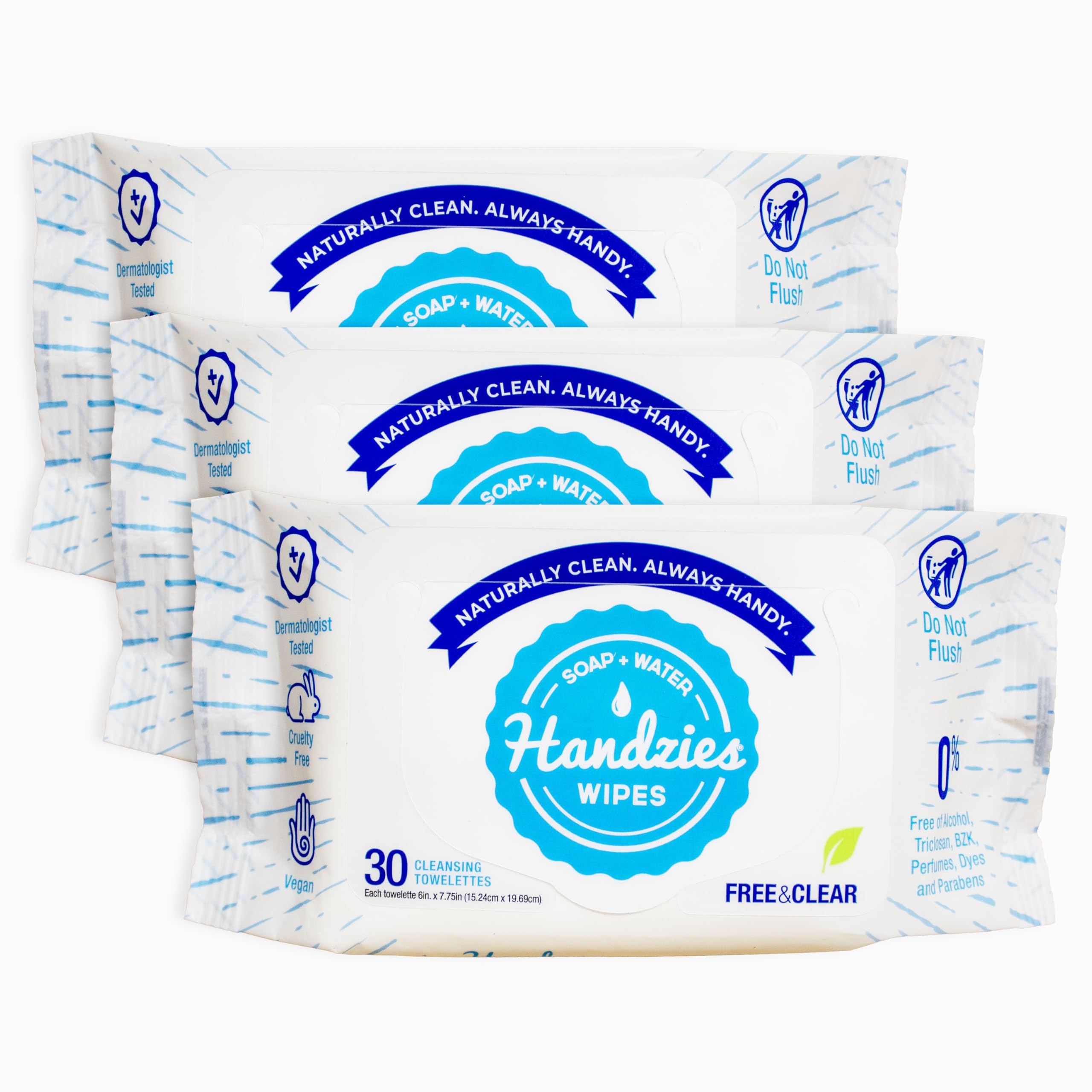 Handzies Free&Clear front view with 3-pack towelettes for fragrance-free cleansing on the go