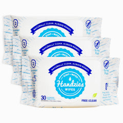 Handzies Free&Clear front view with 3-pack towelettes for fragrance-free cleansing on the go