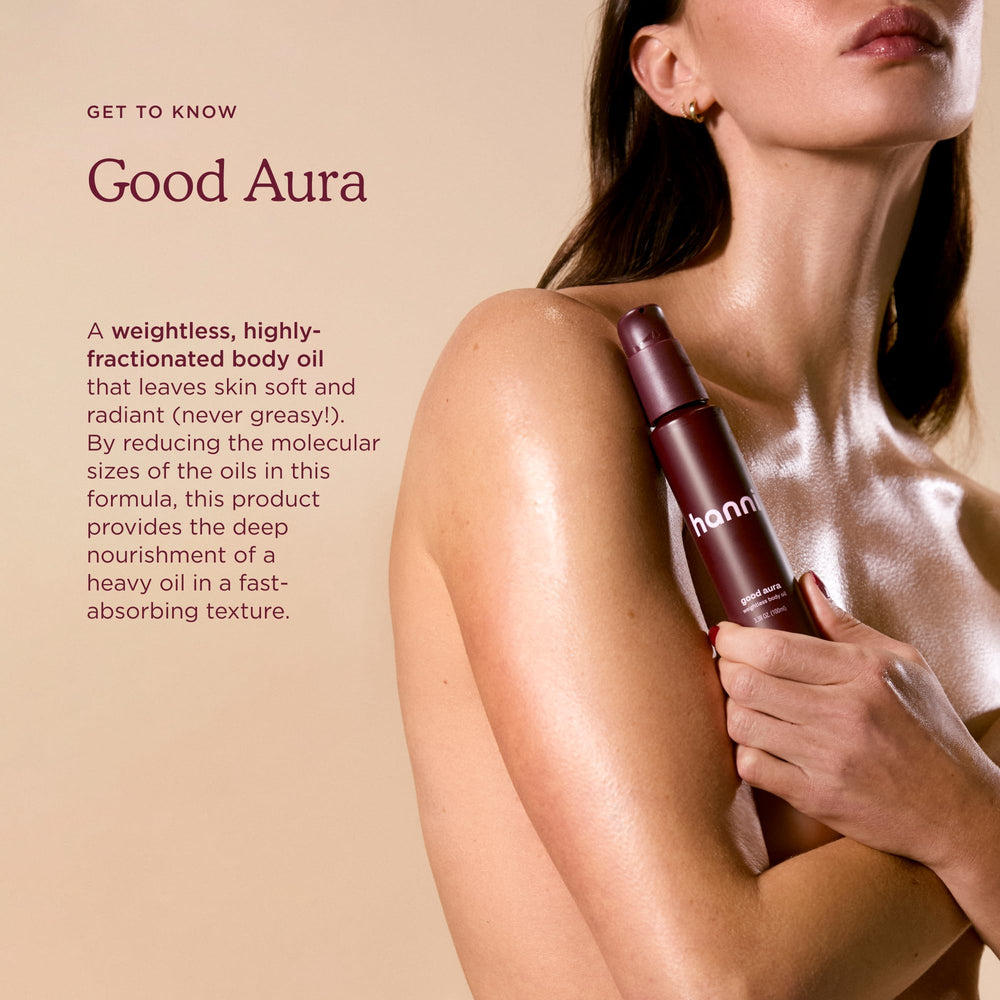 HANNI Good Aura massaged into skin for silky, non-greasy feel.