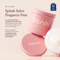 HANNI Splash Salve application close-up illustrating in-shower hydration.