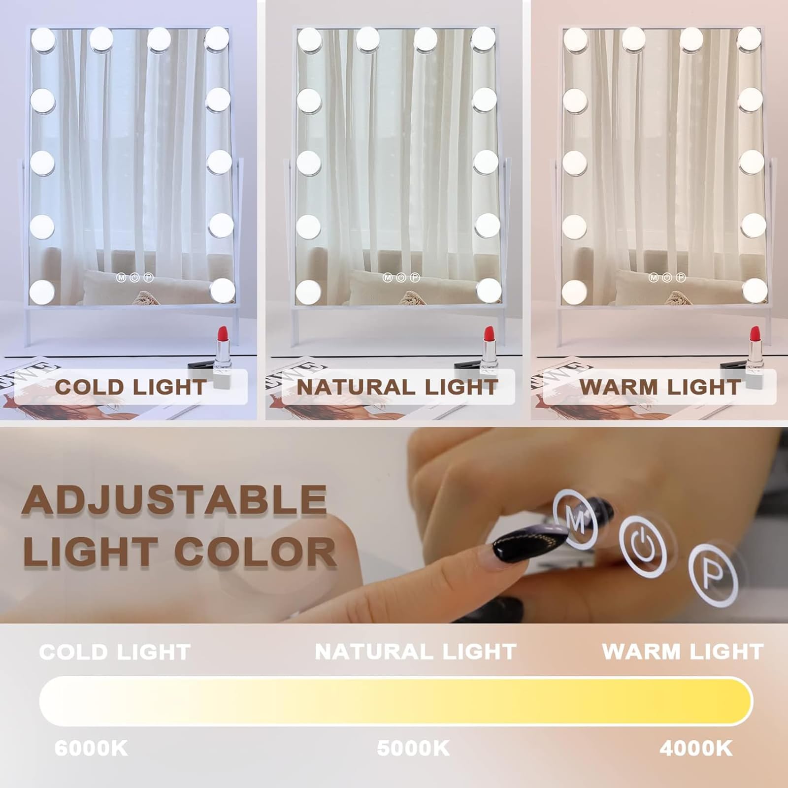 Hansong vanity mirror with three-color lighting modes for versatile looks.