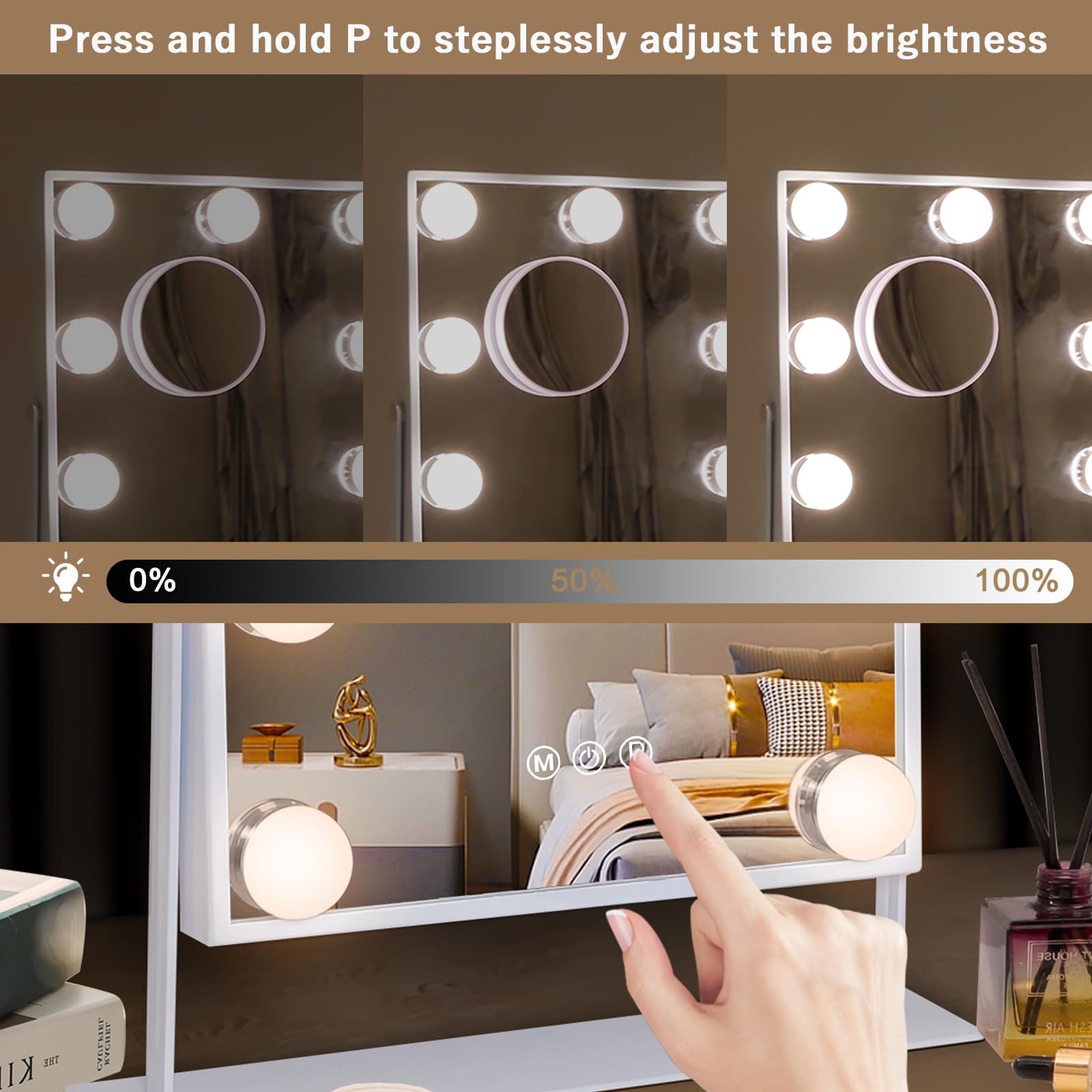 Hansong vanity mirror showcasing 360-degree rotation for flexible makeup angles