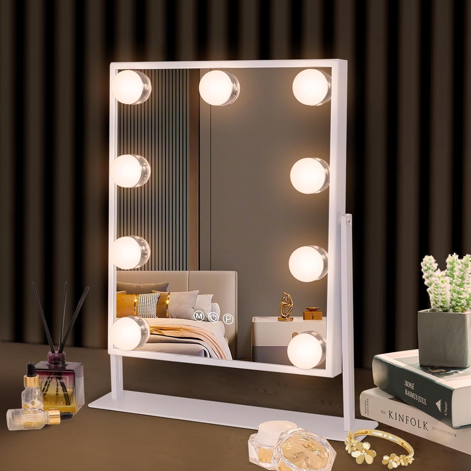 Hansong vanity mirror with LED nine bulbs front view for even, natural lighting
