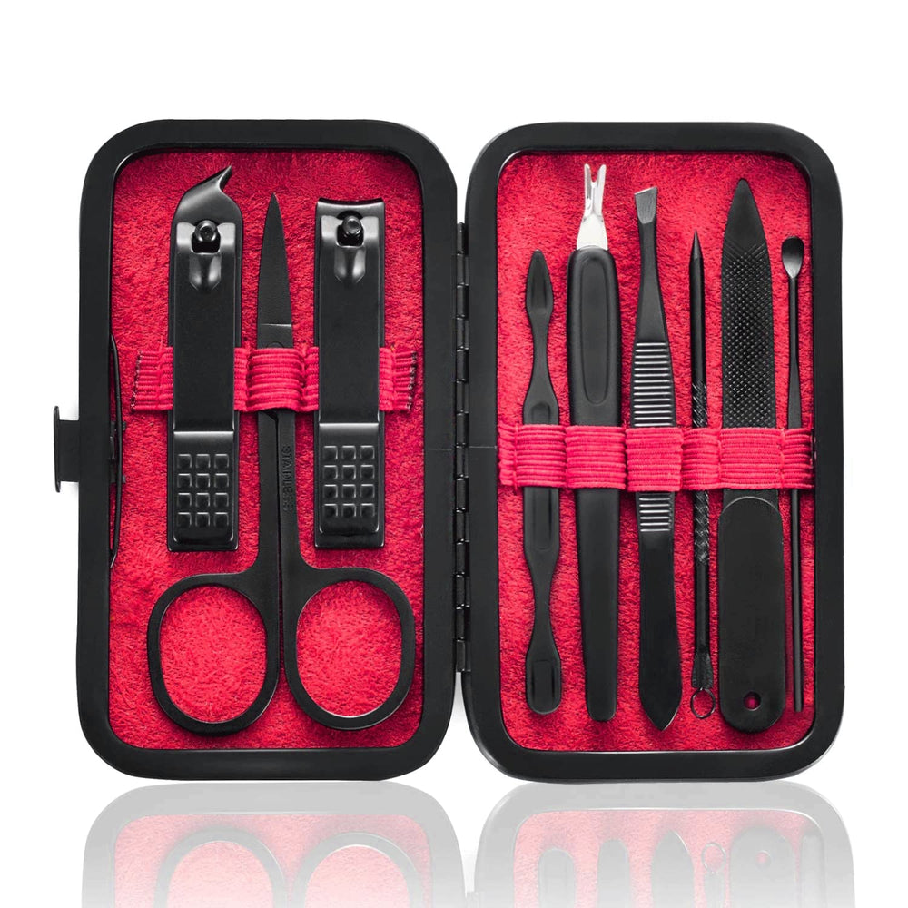 HANTEKAS 9-in-1 manicure set case open for travel-ready access.